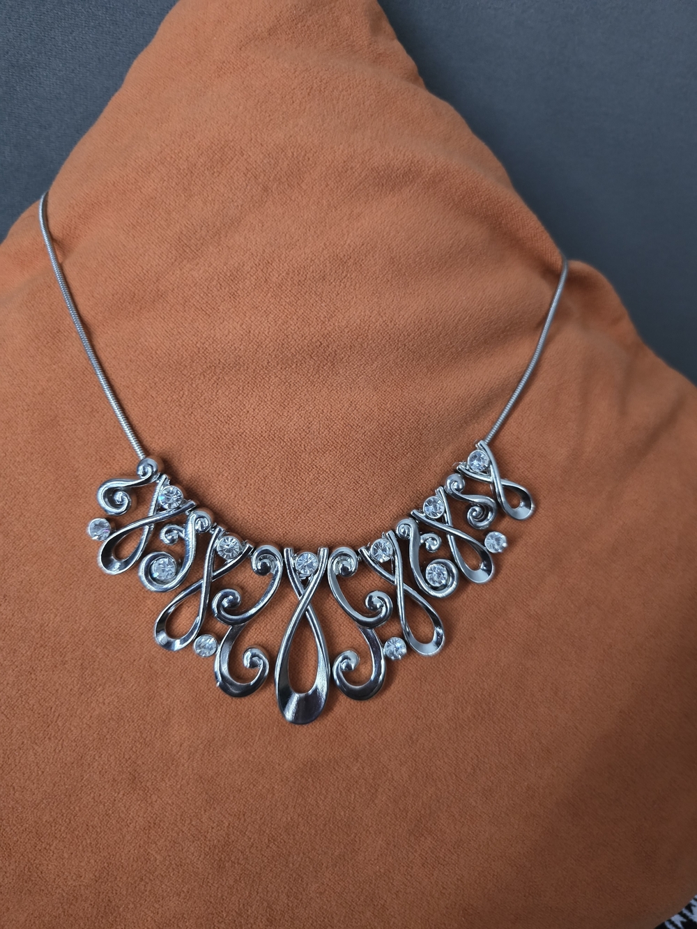 CJ Banks Silver-Tone Scroll Teardrop Necklace with Clear Stones